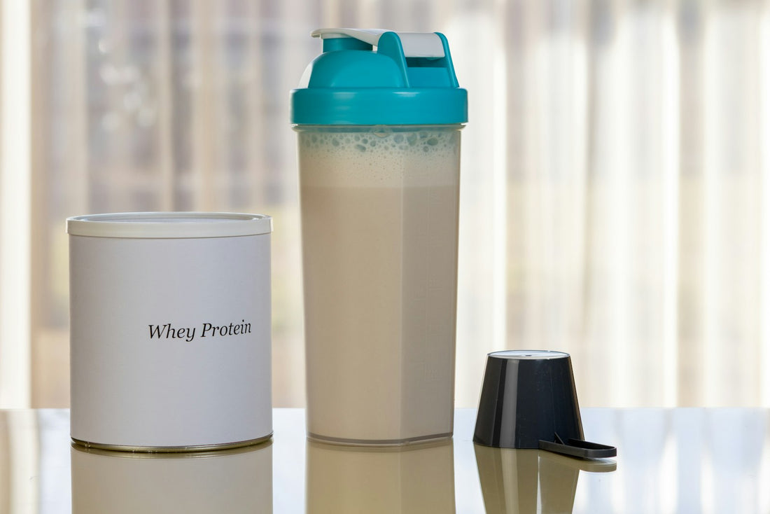 Whey protein container and shaker bottle