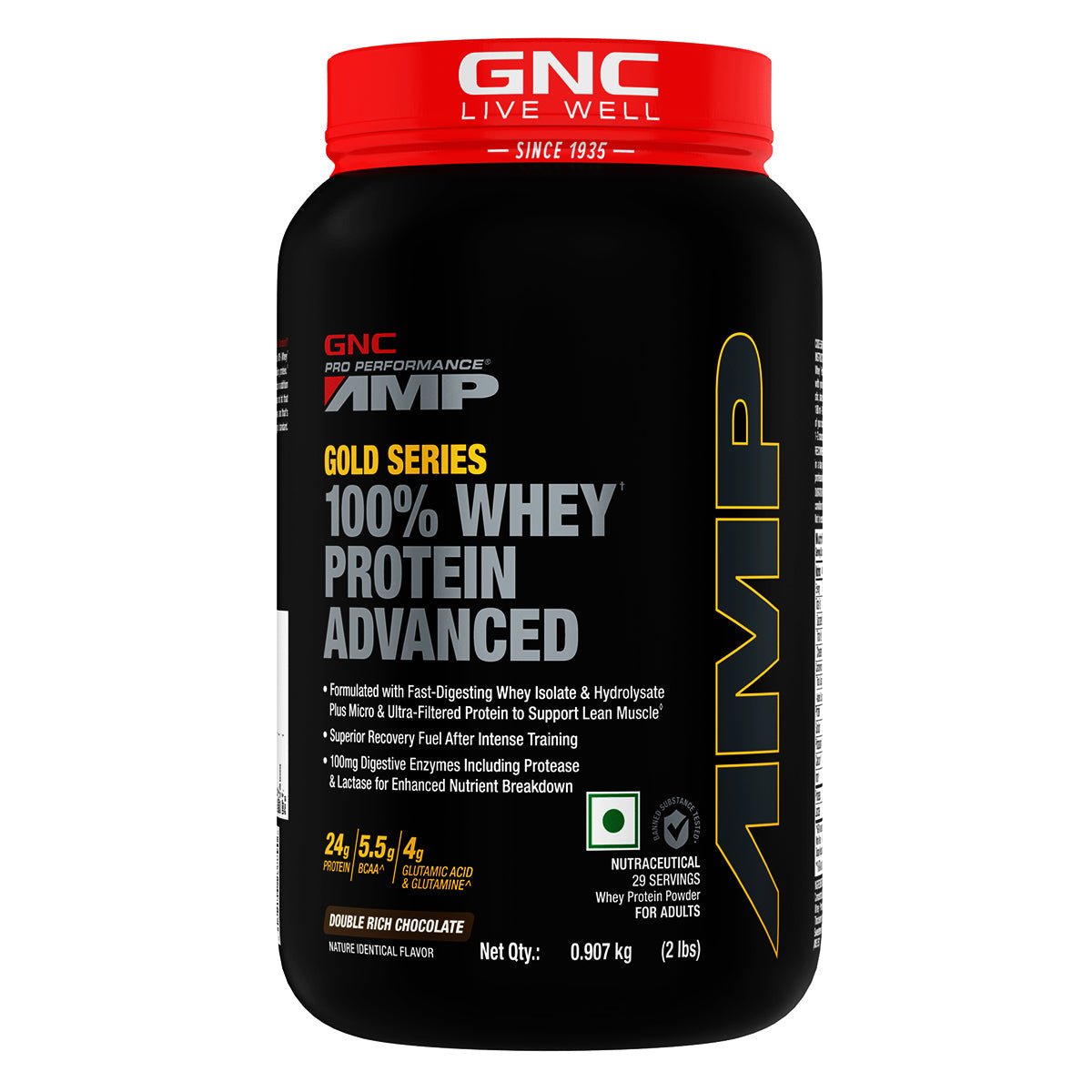 GNC AMP Gold Series 100% Whey Protein Advanced Boosts Muscle Gains, Recovery & Workout Performance | Informed Choice Certified