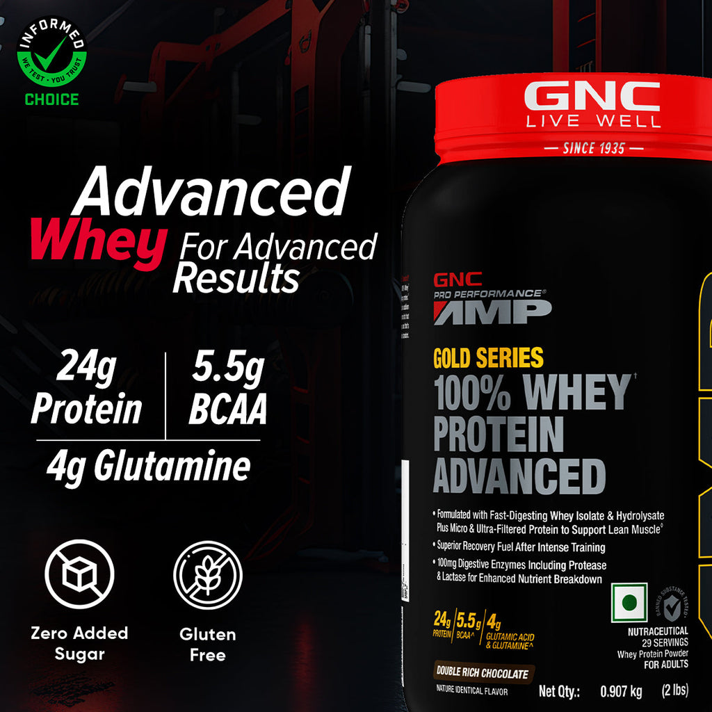GNC AMP Gold Series 100% Whey Protein Advanced Boosts Muscle Gains, Recovery & Workout Performance | Informed Choice Certified