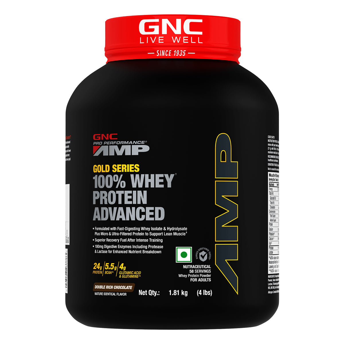 GNC AMP Gold Series 100% Whey Protein Advanced Boosts Muscle Gains, Recovery & Workout Performance | Informed Choice Certified