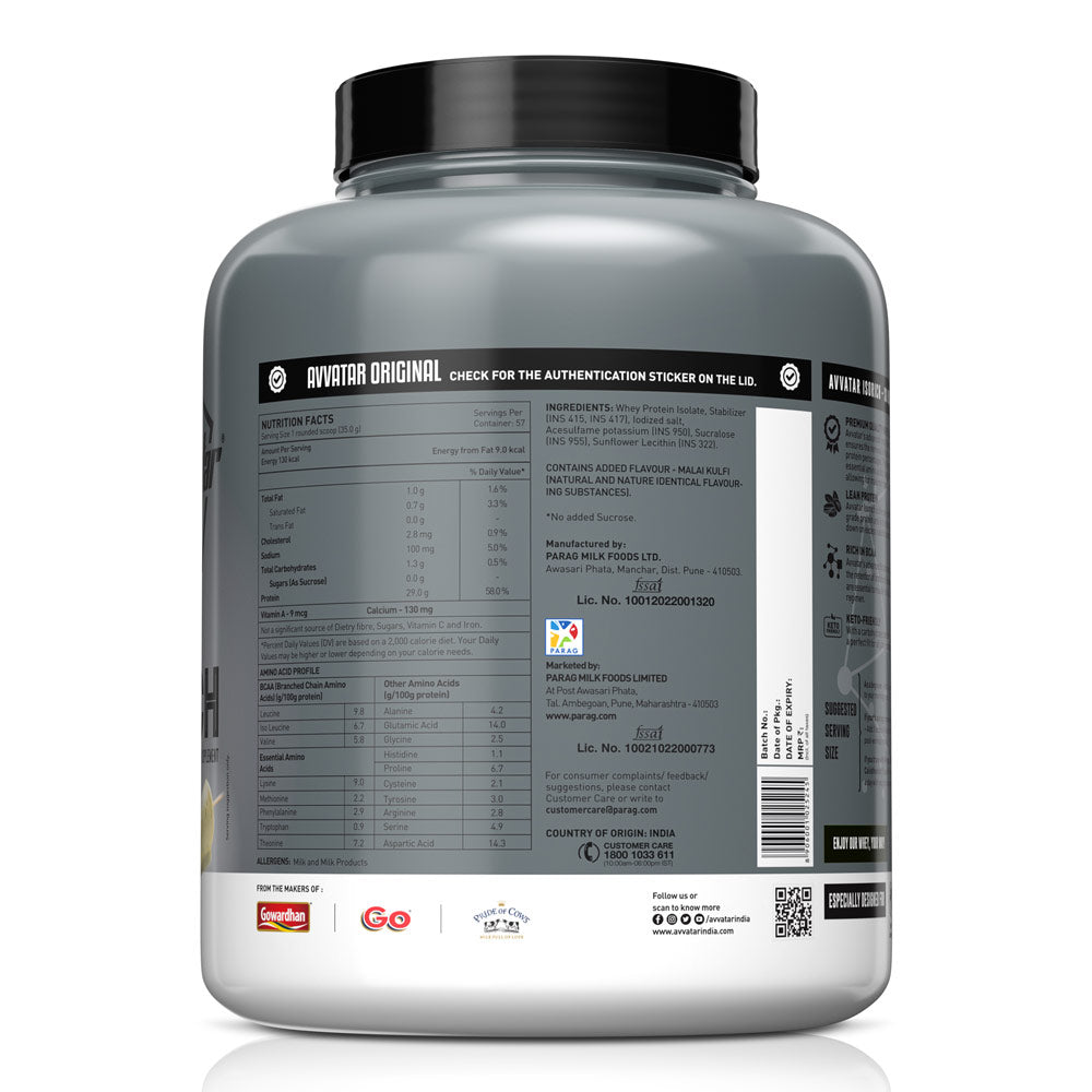 Avvatar Isorich Whey Protein Isolate, 2kg / 4kg – Belgian Chocolate, Hazelnut & Malai Kulfi