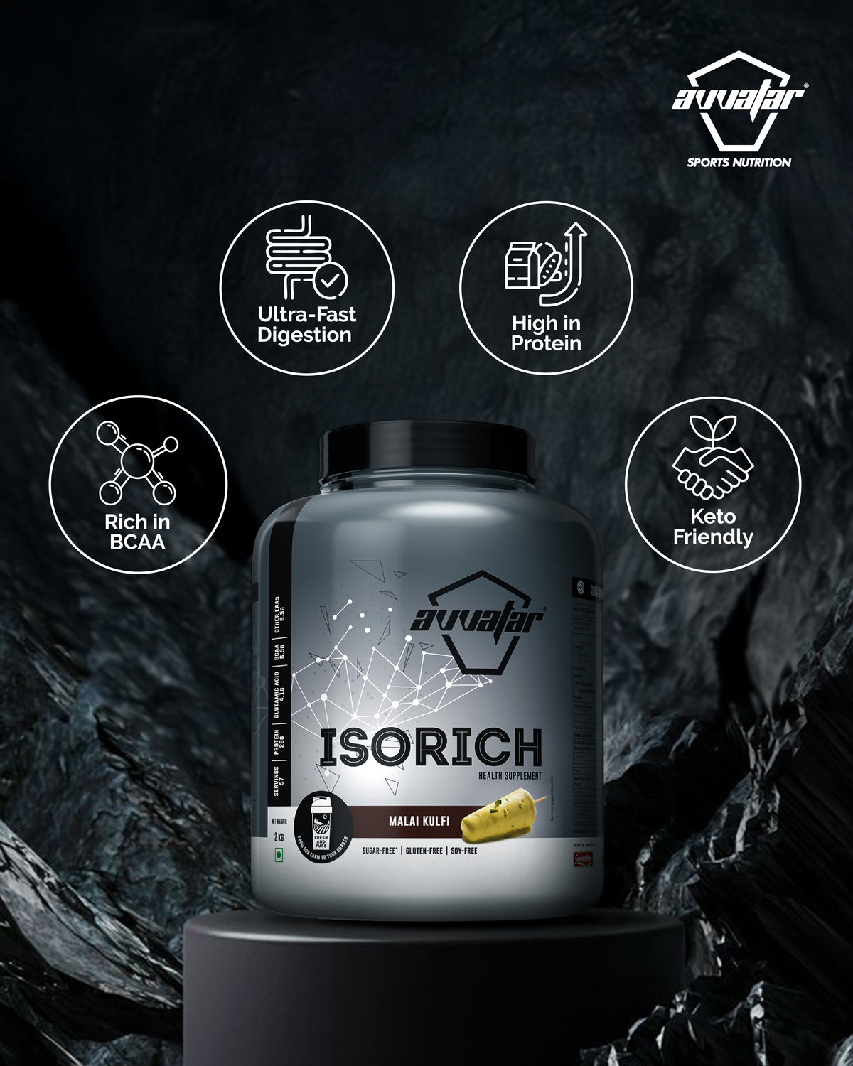 Avvatar Isorich Whey Protein Isolate, 2kg / 4kg – Belgian Chocolate, Hazelnut & Malai Kulfi