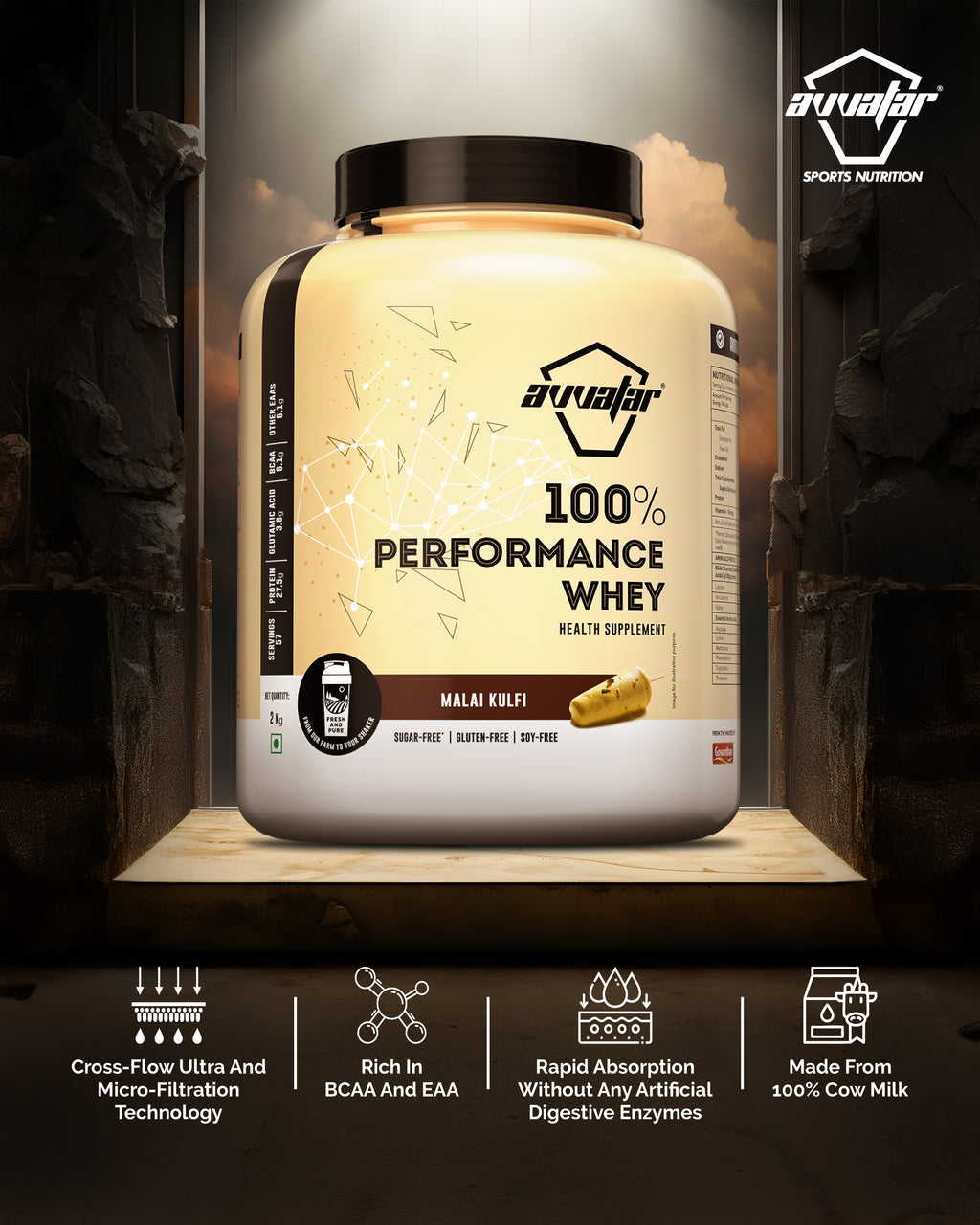 Avvatar 100% Performance Whey Protein Powder | Authentic Whey from Fresh Milk for Muscle Growth, Strength & Fast Recovery