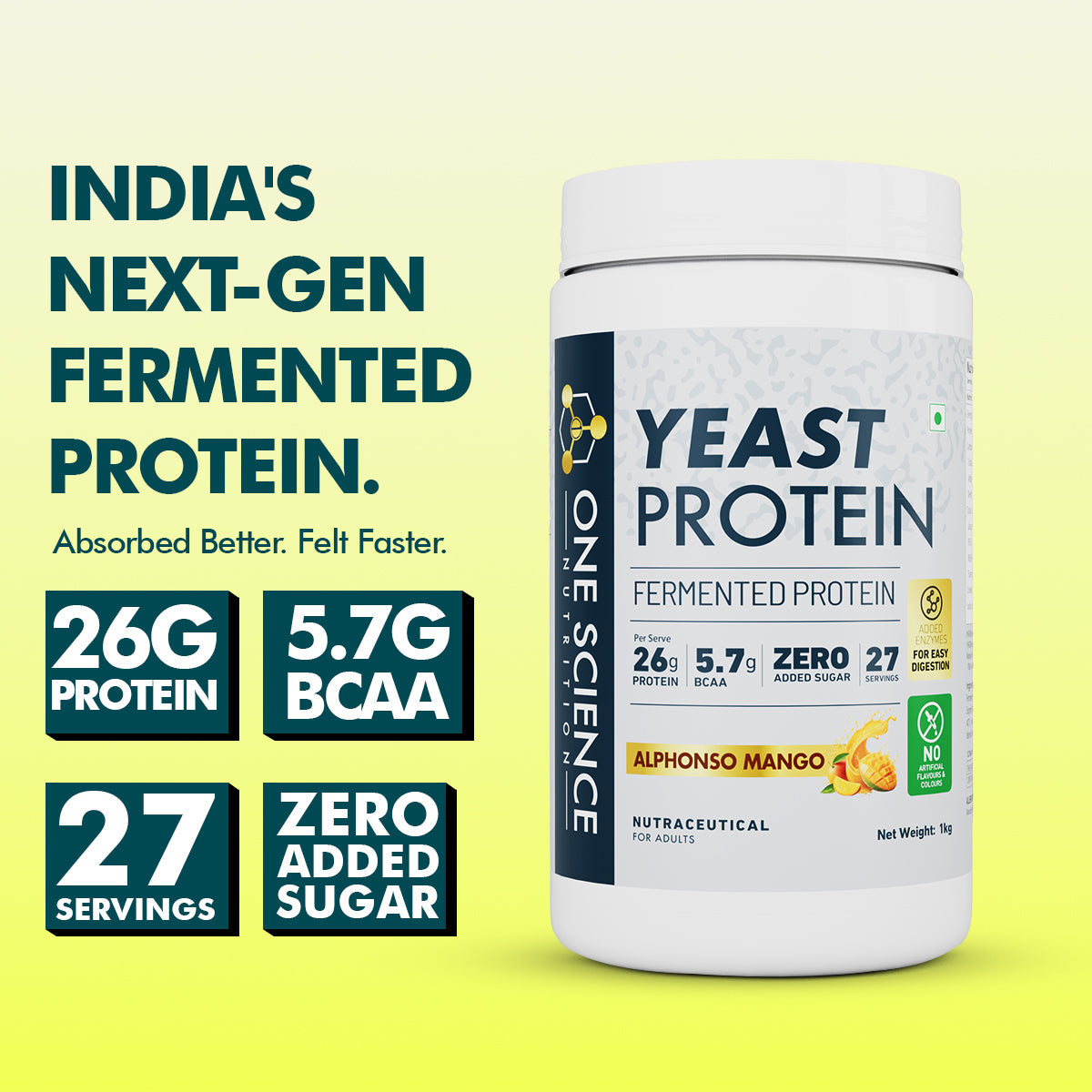 One Science Nutrition Fermented Yeast Protein Powder - Alphonso Mango (1 Kg)