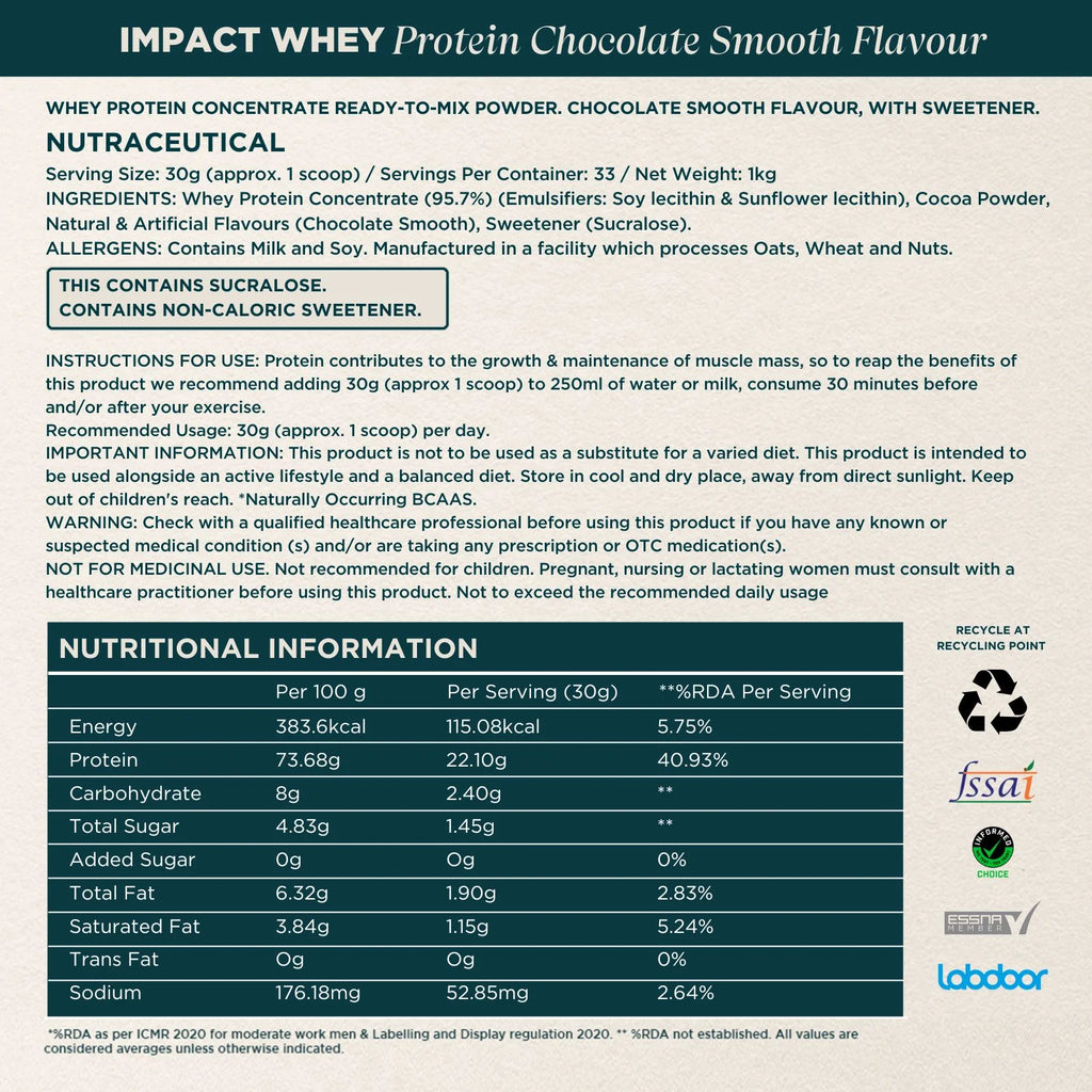 MyProtein Impact Whey Protein - Chocolate Smooth (1 Kg, 33 Servings)