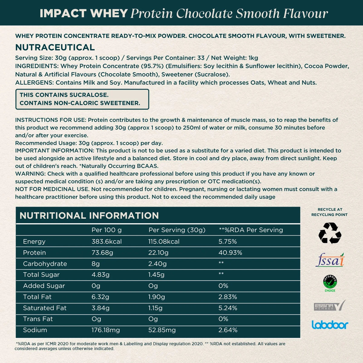 MyProtein Impact Whey Protein - Chocolate Smooth (1 Kg, 33 Servings)